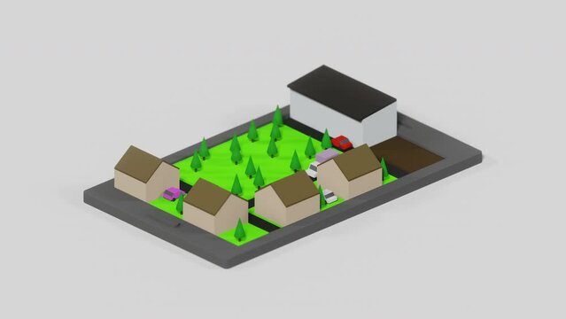 stylised isometric 3d scene in mobile smart phone leafy suburb with delivery truck and car driving on the road