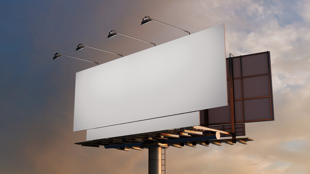 Marketing Billboard. Blank Exterior Sign against a Sunset Sky. Design Template.