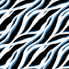 Abstract white blue black stripes, lines seamless pattern. Animal skin repeat print. Zebra fur design for textile, fabric, wallpaper, wrapping paper, decoration.