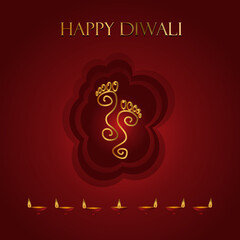 Hindu Goddess Laxmi's footprint for good luck with text of Diwali greetings on blue background