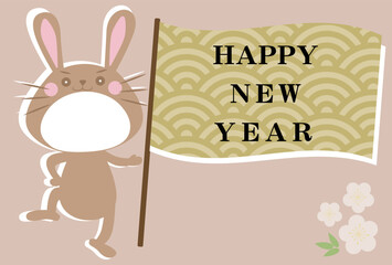 2023年うさぎの顔フォトフレームとフラッグの年賀状