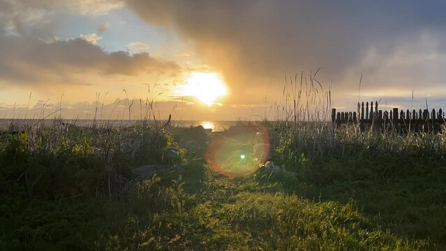 Golden Hour Over Olympic National Park At Dungeness National Recreation Area, Sequim, Washington, USA. Timelapse