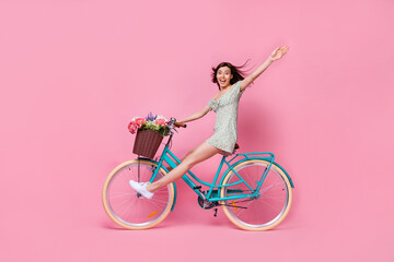 Full length photo of funny adorable girl dressed off shoulders outfit riding bike isolated pink...