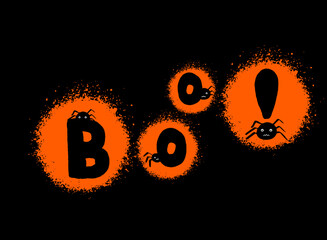 Boo lettering with spiders for flyers and postcards. Doodle and street graffiti style. Happy Halloween card.