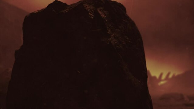 Cinematic CGI render of a stormy ancient alien crash site, with a smooth reveal of a vast hulk of a derelict space ship in the distance, past boulders hewn with alien pertoglyphs - red color scheme