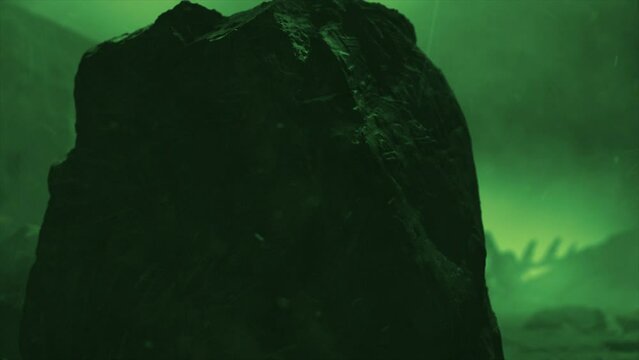 Cinematic CGI render of a stormy ancient alien crash site, with a smooth reveal of a vast hulk of a derelict space ship in the distance, past boulders hewn with alien pertoglyphs - green color scheme