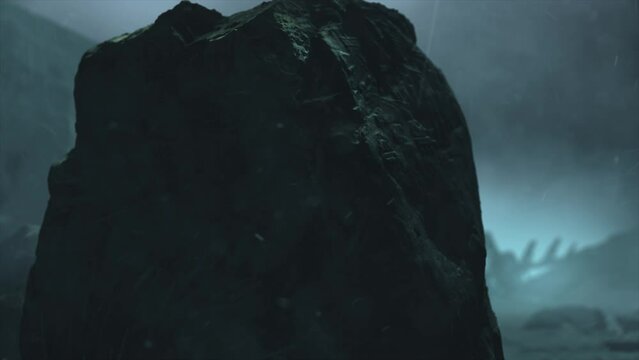 Cinematic CGI render of a stormy ancient alien crash site, with a smooth reveal of a vast hulk of a derelict space ship in the distance, past boulders hewn with alien pertoglyphs - teal color scheme