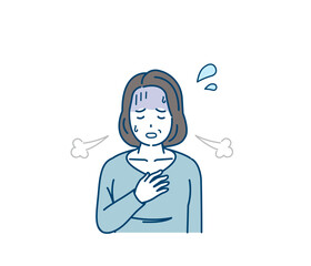 息が苦しい中年の女性　呼吸がつらい　肺気胸　喘息　呼吸困難　症状　イラスト - obrazy, fototapety, plakaty
