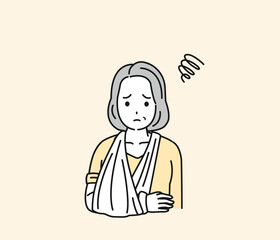 腕を骨折する中年の女性　怪我　ギプス固定　イラスト