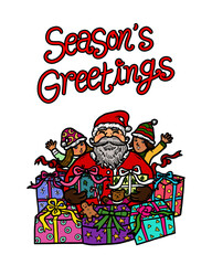 Santa Claus with children and gift presents with Season's Greetings hand written. Christmas party celebration concept.