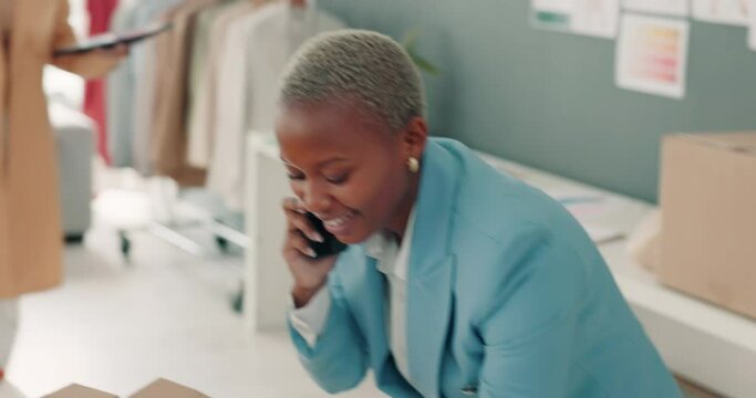 Phone call, shipping order and female checking parcel, talking on cellphone for e-services, courier or delivery for online store. Black woman entrepreneur checking stock for dropshipping in startup