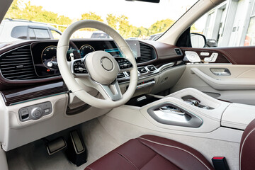 Modern luxury car interior with steering wheel, multimedia and dashboard