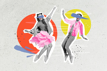 Composite collage image of funny positive young girls dancing have fun enjoy weekend students party...