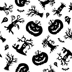 Fototapeta premium Seamless pattern for Halloween design. Halloween symbols pumpkin, tree, ghost in cartoon style.