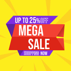 Discount mega sale up to 25 percent red banner with floating ribbon banner for promotions and offers.