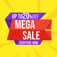 Discount mega sale up to 20 percent red banner with floating ribbon banner for promotions and offers.