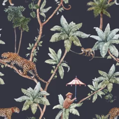 Foto op Plexiglas Beautiful vector tropical seamless pattern with watercolor hand drawn palm trees jaguar monkey with sun umbrella. Stock illustration. © zenina