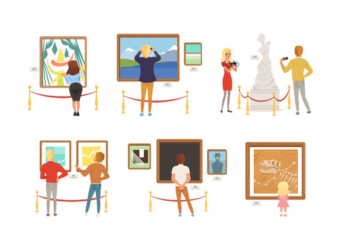 Visitors of classic art gallery or museum viewing paintings at exhibition set. Men and women enjoying modern artwork exhibits vector illustration