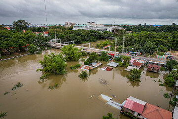 High-angle view of the Great Flood, Meng District, Thailand, on October 3, 2022, is a photograph...