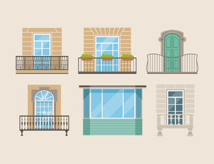 Modern and classic balconies with doors and windows set. Architectural house facade exterior vector illustration