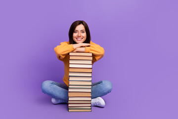 Full length photo of attractive nice smart intellectual woman sitting chill vacation pile books...