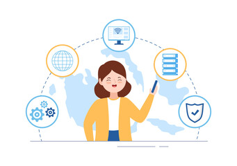 Intranet Internet Network Connection Technology to Share Confidential Company Information in Template Hand Drawn Cartoon Flat Illustration