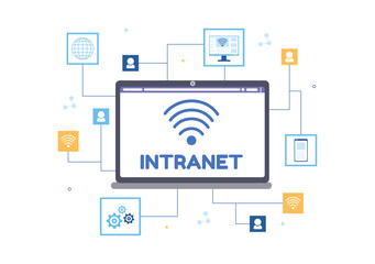 Intranet Internet Network Connection Technology to Share Confidential Company Information in Template Hand Drawn Cartoon Flat Illustration