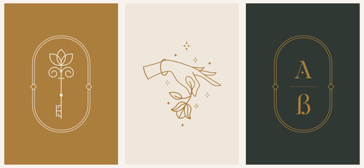 Linear minimal style logos set template with beautiful esoteric women hand, monogram and key. Hair salon, beauty shop, organic cosmetics, spa.