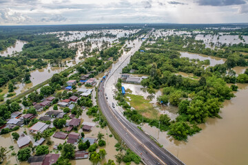 High-angle view of the Great Flood, Meng District, Thailand, on October 3, 2022, is a photograph...