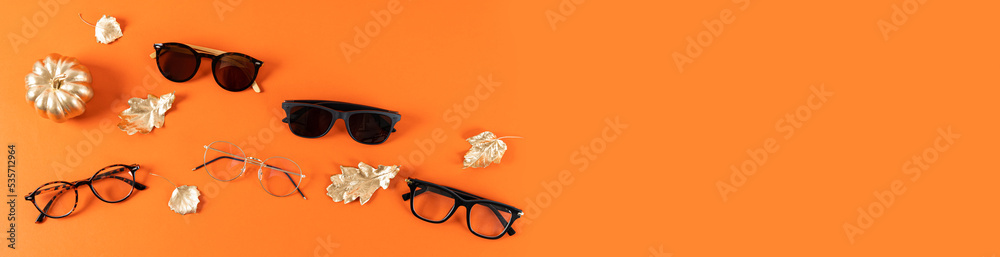 Wall mural Sunglasses and glasses sale concept. Trendy sunglasses on orange background with golden leaves. Trendy Fashion autumn accessories. Copy space. Fall sale, promotion banner, web line