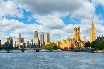 Morning skyline of London with Big Ben and Westminster bridge. England