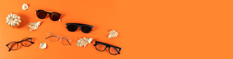 Sunglasses and glasses sale concept. Trendy sunglasses on orange background with golden leaves....