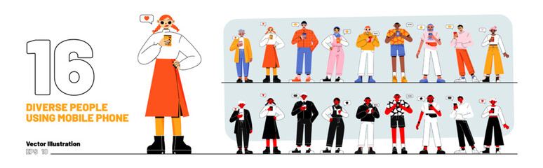 Set of diverse people using mobile phones. Male and female characters talk and communicate by smartphones. Men and women browsing social networks with speech bubbles, Line art flat vector illustration