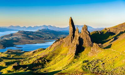 Old Man of Storr rock formation in morning sunlight, Isle of Skye, Scotland - 535713590