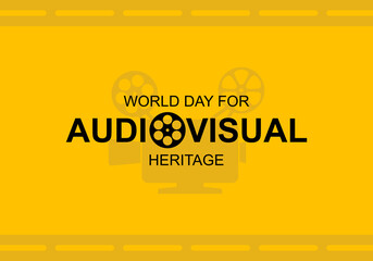 World day for audiovisual heritage background with big camera on yellow color.