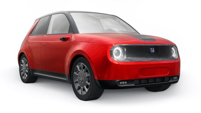 Tokyo. Japan. October 5, 2022. Honda E 2020. A red compact urban electric car with a cute design and advanced technologies of the future on a white background. 3d illustration.