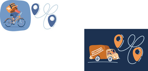 Cartoon vector illustration of delivery track and location marks