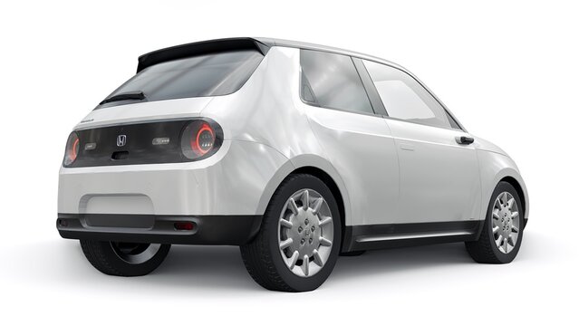 Tokyo. Japan. October 5, 2022. Honda E 2020. A white compact urban electric car with a cute design and advanced technologies of the future on a white background. 3d illustration.