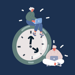 Cartoon vector illustration woman and man working at laptop with big clock. Deadline and lack of time concept