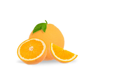 Ripe Valencia oranges with cut in half slice and green leaf on isolated white background.