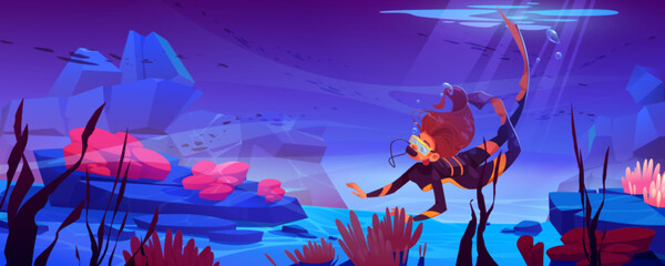 Young woman scuba diver explore underwater tropical reef, sea bottom with seaweeds and corals. Girl in mask and costume in ocean world, adventurer female character snorkel, Cartoon vector illustration