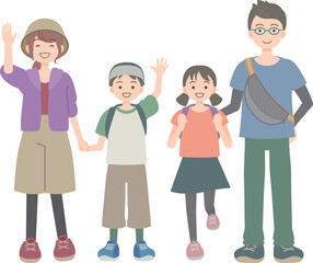 楽しそうな家族のイラスト　アウトドアファッション