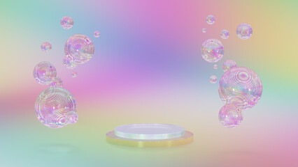 Cosmetics display stand. The glass podium stands on a bright background. 3D rendering of Cosmetics colorful bubbles on defocus background.	