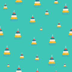 Seamless baby pattern in pastel colors with toys objects pyramid, Background with baby foods. Decorative wallpaper, good for printing,