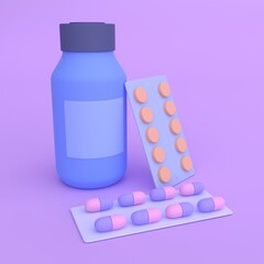 Medicine bottles, tablets, pills and blister package. 3d rendering