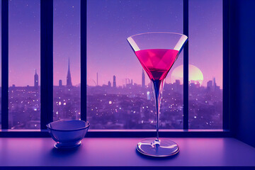 Martini cocktail at a window, city lights behind, photorealistic illustration