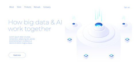 Big data technology in isometric vector illustration. Information storage and analysis system. Digital technology website landing page template