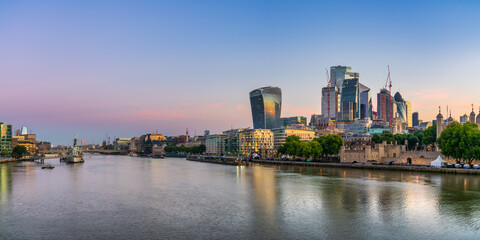 The city financial district of London at sunrise. England