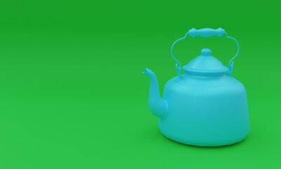 3d illustration, old teapot, green background, copy space, 3d rendering