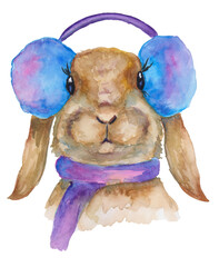 watercolor rabbit in earmuffs isolated on white background - obrazy, fototapety, plakaty